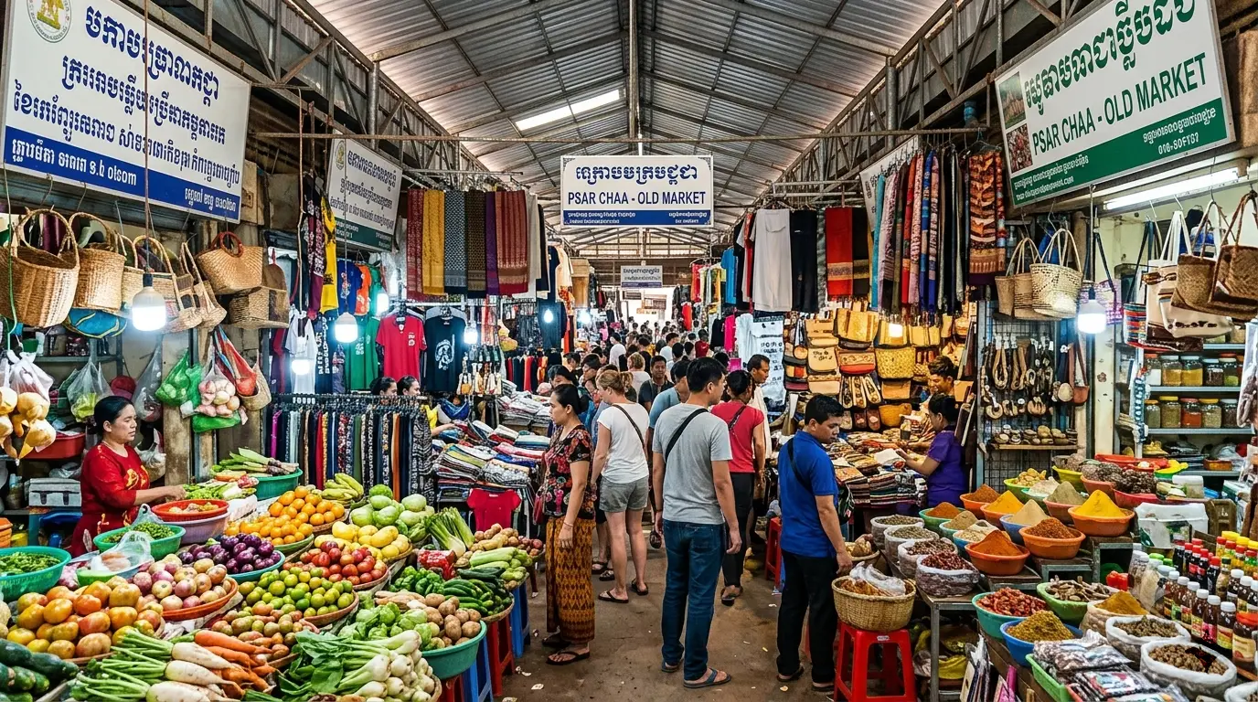 Le Psar Chaa (Vieux Marché) à Siem Reap — étals colorés et artisanat khmer